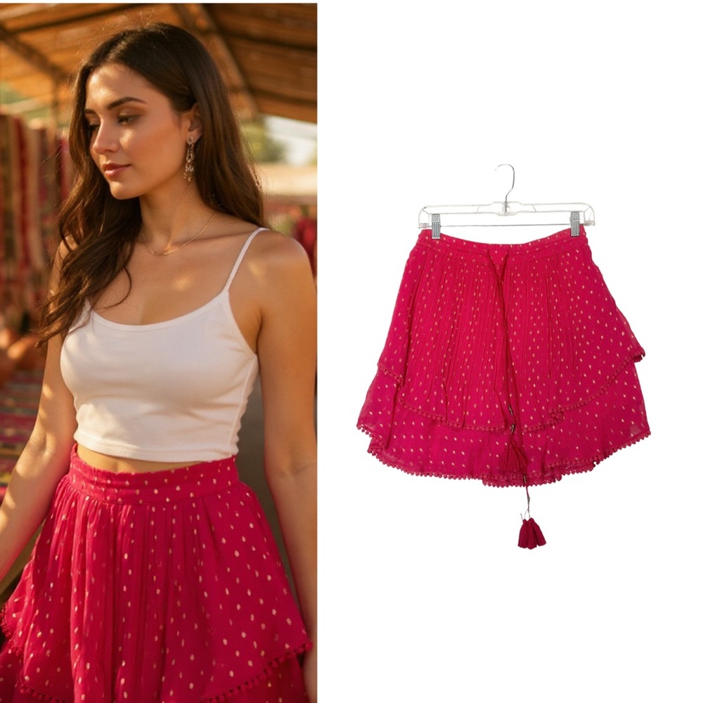 TRYB Hot Pink Metallic Dot Ruffle Mini Skirt Drawstring with Tassels Size S